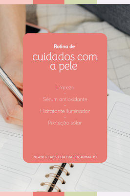 Checklist de rotina de cuidados com a pele com os passos essenciais: limpeza, sérum antioxidante, hidratante iluminador e proteção solar, apresentada num layout minimalista.