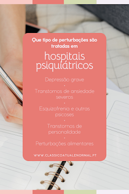 Perturbações tratadas em hospitais psiquiátricos Imagem informativa sobre os tipos de perturbações tratadas em hospitais psiquiátricos, incluindo depressão grave, transtornos de ansiedade severos, esquizofrenia, psicoses, transtornos de personalidade e perturbações alimentares