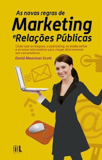 Capa do livro 'As Novas Regras de Marketing e Relações Públicas' de David Meerman Scott. O fundo é amarelo vibrante, com o título em letras pretas destacadas. No centro, uma ilustração de uma mulher de negócios vestida de preto, segurando um computador portátil aberto, com um rato de computador posicionado abaixo.