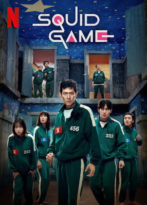 Poster da série "Squid Game" da Netflix, com grupo de personagens em fatos de treino verdes numerados, num cenário surreal e colorido de jogo.