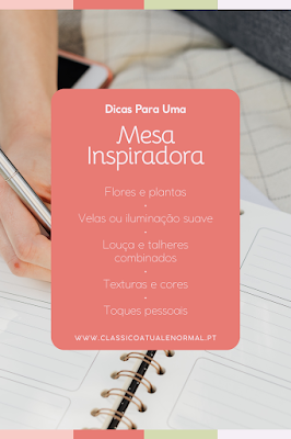 Imagem gráfica com lista de dicas para criar uma mesa inspiradora, incluindo flores, velas, louça combinada, texturas e toques pessoais, sobre um fundo com agenda e mão a segurar uma caneta. Dicas práticas para criar uma mesa inspiradora
