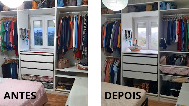 Comparação lado a lado do closet antes e depois da reorganização de outono, mostrando gavetas reposicionadas, nova disposição da roupa e arrumação mais funcional.