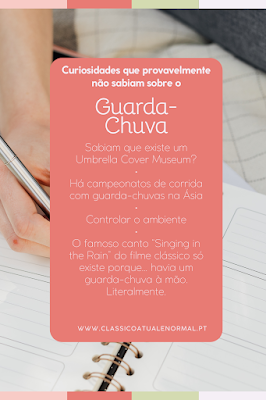 Design gráfico com curiosidades sobre o guarda-chuva, incluindo fatos como a existência do Umbrella Cover Museum e corridas com guarda-chuvas na Ásia, apresentado em fundo rosa com elementos de papelaria.