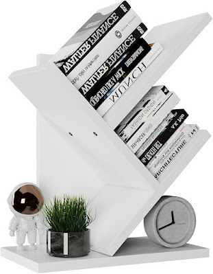 Estante de livros minimalista branca para decoração moderna Estante de livros minimalista branca com livros organizados, planta decorativa, relógio e objeto decorativo, ideal para casas modernas e espaços pequenos