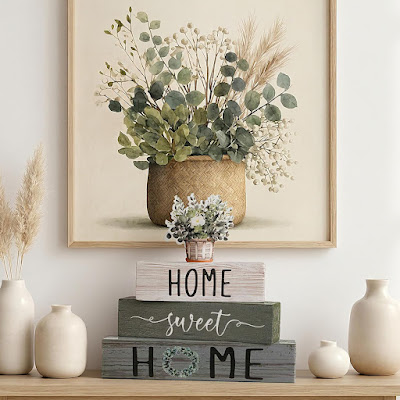Composição decorativa primaveril com jarras em cerâmica clara, quadro botânico, elementos em fibras naturais e blocos decorativos com a mensagem “Home Sweet Home”, criando um ambiente acolhedor e harmonioso.