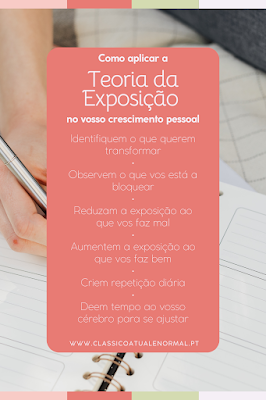 Imagem com lista de passos sobre como aplicar a Teoria da Exposição ao crescimento pessoal, apresentada sobre fundo colorido com bloco de notas e mão a segurar uma caneta.
