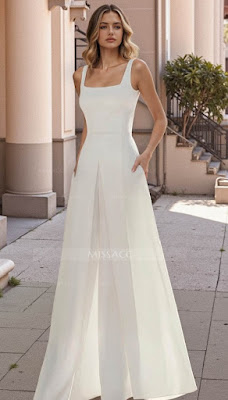 Mulher com vestido de noiva em cetim branco, corte minimalista e elegante, ideal para casamentos modernos.