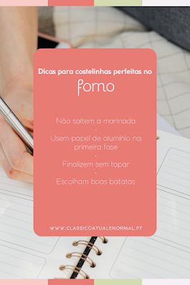 Imagem com dicas para fazer costelinhas no forno perfeitas, incluindo marinada, uso de papel de alumínio e escolha das batatas, sobre fundo de agenda e escrita