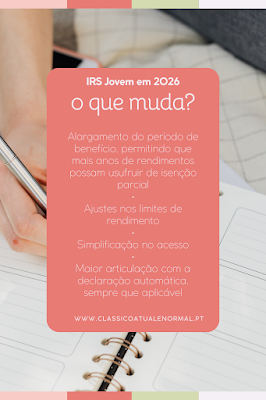 IRS Jovem 2026: principais alterações e benefícios Imagem informativa sobre o IRS Jovem em 2026, com destaque para as principais alterações, incluindo o alargamento do período de benefício, ajustes nos limites de rendimento, simplificação no acesso e maior articulação com a declaração automática.