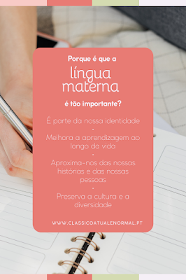 Imagem gráfica com texto sobre a importância da língua materna, destacando identidade, aprendizagem, memórias e preservação cultural, com fundo em tons pastel e materiais de escrita.