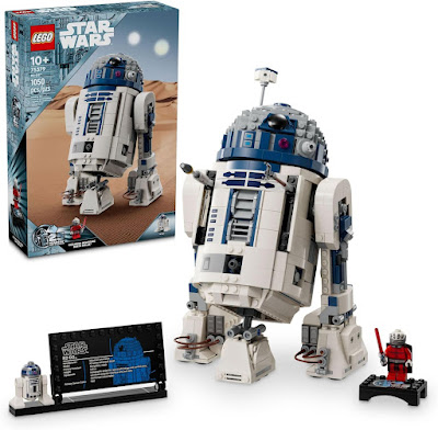 Conjunto LEGO Star Wars do droide R2-D2 com mais de 1000 peças, acompanhado da caixa do produto, placa informativa e minifigura.