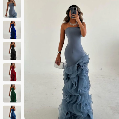 Mulher a usar um prom dress azul justo com folhos na saia, modelo elegante e moderno para baile de finalistas