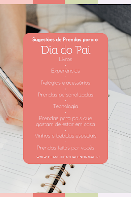 Sugestões de prendas para o Dia do Pai Imagem com lista de sugestões de prendas para o Dia do Pai, incluindo livros, experiências, relógios, tecnologia e prendas personalizadas