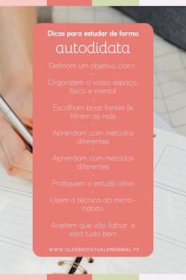 Lista de dicas para estudar de forma autodidata apresentada num design colorido, incluindo objetivos claros, organização do espaço, escolha de boas fontes, métodos variados e técnica do micro-hábito.