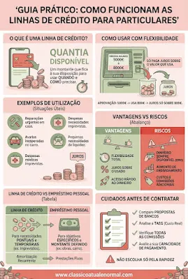 Infográfico vertical para Pinterest com o título "GUIA PRÁTICO: COMO FUNCIONAM AS LINHAS DE CRÉDITO PARA PARTICULARES". A imagem usa uma paleta de cores rosa coral, rosa pálido e verde sálvia. É dividida em seis seções com ilustrações modernas e limpas:  O que é uma linha de crédito? Ilustra um smartphone com um cartão de crédito e moedas, com o texto "QUANTIA DISPONÍVEL" e explicação sobre o uso flexível.  Como usar com flexibilidade: Mostra um caixa eletrônico e um copo onde apenas as moedas usadas pagam juros. Exemplo prático de 5000€ com uso de 800€.  Exemplos de Utilização (Situações Úteis): Ícones em círculos verdes mostram reparações domésticas, avarias no carro, despesas médicas e necessidades de liquidez.  Vantagens vs Riscos (Abalanço): Uma balança equilibra "VANTAGENS" (em verde com polegares para cima: flexibilidade, juros sobre o usado, acesso rápido) e "RISCOS" (em coral com triângulos de aviso: dinheiro sempre disponível - erro, aumento de endividamento, custos e comissões).  Linha de Crédito vs Empréstimo Pessoal (Tabela): Compara as duas opções com fluxos de moedas e notas. Linha de crédito: necessidades pontuais e amortização recorrente. Empréstimo pessoal: objetivos específicos e prestações fixas.  Cuidados antes de contratar: Uma prancheta com checkmarks verdes detalha a necessidade de comparar propostas, analisar a TAEG, verificar comissões e avaliar capacidade de pagamento. Um aviso vermelho diz: "NÃO ESCOLHA SÓ PELA RAPIDEZ".  O rodapé contém o endereço do site www.classicoatualenormal.com e decorações de moedas e folhas.
