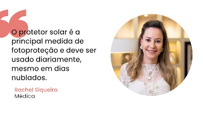 Importância do Uso Diário do Protetor Solar: Conselhos da Dra. Rachel Siqueira Citação da Dra. Rachel Siqueira sobre fotoproteção ao lado de um retrato da médica. O texto diz: "O protetor solar é a principal medida de fotoproteção e deve ser usado diariamente, mesmo em dias nublados."