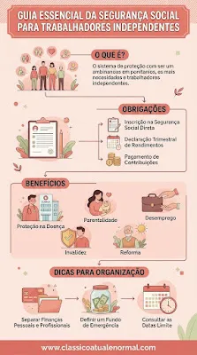 Um infográfico vertical ilustrado com a paleta de cores rosa e bege-esverdeado, intitulado "Guia Essencial da Segurança Social para Trabalhadores Independentes". O design apresenta ícones e descrições para quatro secções principais: "O que é?", detalhando o sistema de proteção; "Obrigações", listando inscrição, declaração e pagamento; "Benefícios", mostrando proteção na doença, parentalidade, desemprego, invalidez e reforma; e "Dicas para Organização", sugerindo separar finanças, definir um fundo de emergência e consultar datas limite. O rodapé contém o endereço do website "www.classicoatualenormal.com".