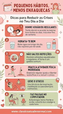 Um infográfico vertical para o Pinterest, em tons de coral, rosa claro e verde seco, com o título "Pequenos Hábitos, Menos Enxaquecas". O design inclui seis painéis numerados com ilustrações modernas e limpas: 1. "Dorme horários regulares" (despertador); 2. "Hidrata-te bem" (copo de água); 3. "Não saltes refeições" (prato e talheres); 4. "Pratica atividade física moderada" (pessoa a correr); 5. "Gere o stress" (pessoa a meditar); 6. "Faz pausas no computador" (pessoa em frente a ecrã). O rodapé exibe o endereço "www.classicoatualenormal.com".