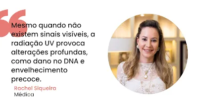 Cuidados com a Pele no Verão: Impactos da Radiação UV e a Importância da Fotoproteção Especializada Dra. Rachel Siqueira, médica, durante entrevista sobre prevenção do cancro de pele e o uso correto do protetor solar para evitar o fotoenvelhecimento.