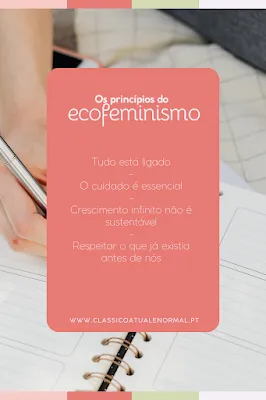 Infográfico: Os 4 Princípios do Ecofeminismo Card vertical com fundo em tons de coral e terrosos. Em primeiro plano, um retângulo rosa-claro com cantos arredondados exibe o título 'Os princípios do ecofeminismo'. Abaixo, estão listados quatro pontos: 'Tudo está ligado', 'O cuidado é essencial', 'Crescimento infinito não é sustentável' e 'Respeitar o que já existia antes de nós'. No rodapé do card, lê-se o site 'www.classicoatualenormal.pt'. Ao fundo, de forma desfocada, vê-se uma mão segurando uma caneta sobre um caderno de planejamento (planner).