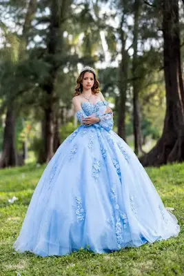 A young woman poses for a portrait in a wooded park, wearing a magnificent light blue quinceañera ball gown. The dress features a strapless sweetheart neckline, delicate off-the-shoulder sleeves, and intricate 3D floral appliqués scattered across the full tulle skirt. She is also wearing a silver tiara and necklace, with her arms crossed in a composed pose.