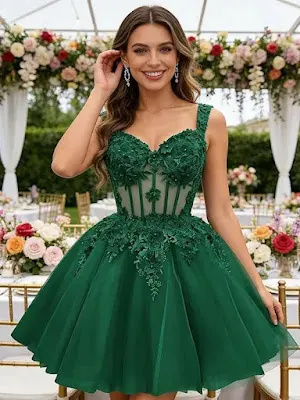 A smiling young woman poses in an outdoor setting with table decorations and flowers in the background, wearing a short, emerald green homecoming dress. The dress features a corset-style bodice with sheer detailing, adorned with intricate embroidered floral appliqués and a full tulle skirt.
