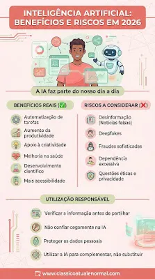Inteligência Artificial: Guia Completo de Benefícios, Riscos e Uso Responsável Um infográfico vertical ilustrado com o tema "INTELIGÊNCIA ARTIFICIAL: BENEFÍCIOS E RISCOS EM 2026", nas cores rosa, salmão e verde. O topo mostra uma pessoa sorrindo com um robô e a frase "A IA faz parte do nosso dia a dia". Abaixo, o conteúdo é dividido em duas colunas: "BENEFÍCIOS REAIS (check verde)" com itens como Automatização, Produtividade e Criatividade; e "RISCOS A CONSIDERAR (X vermelho)" com Desinformação, Deepfakes e Fraudes. No final, uma secção de "UTILIZAÇÃO RESPONSÁVEL" oferece quatro dicas práticas. O rodapé contém o endereço www.classicoatualenormal.com